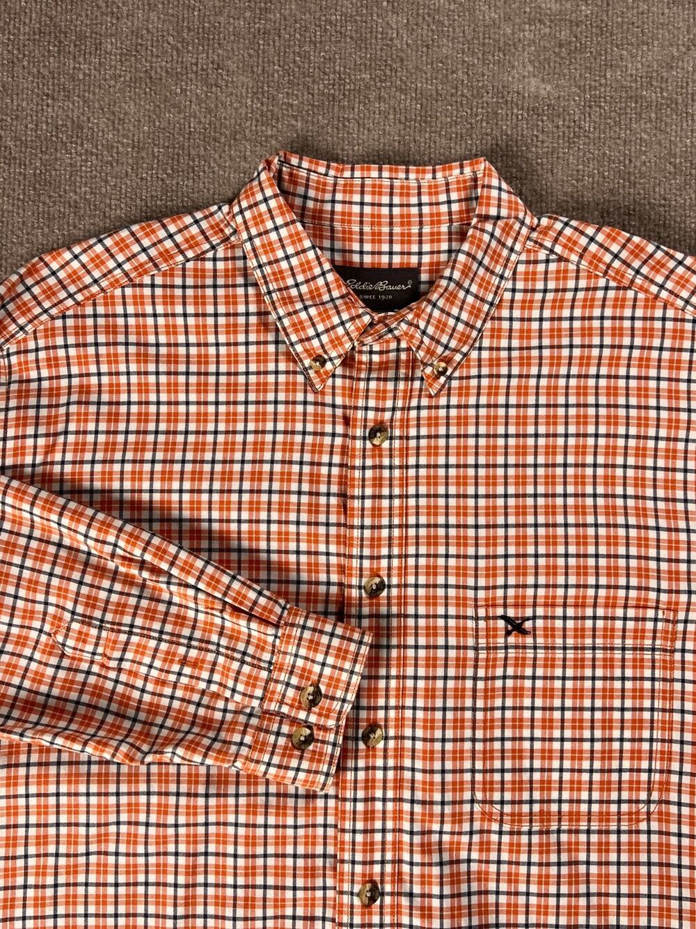 Eddie Bauer Shirt Orange Navy Plaid Cotton Long Sleeve Mens Tall Large